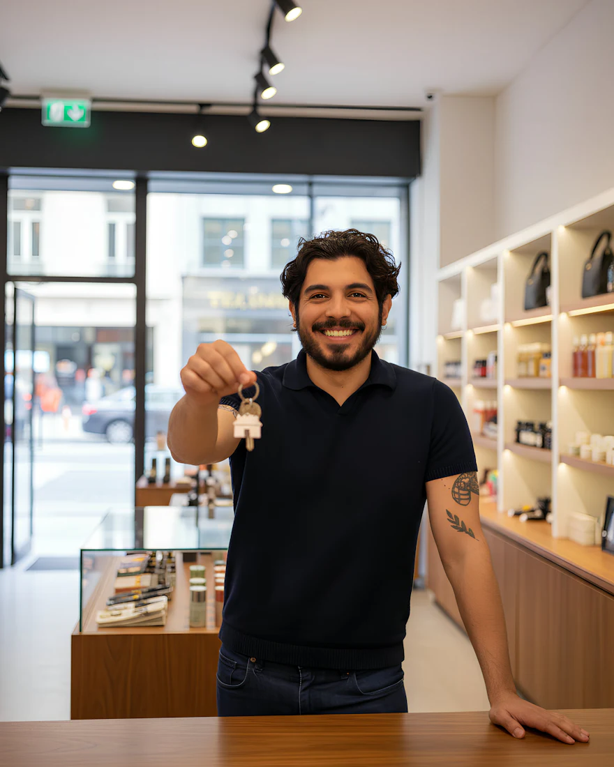 Un commerçant tient les clés de sa boutique