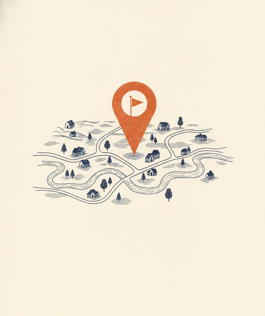 Une carte stylisée avec un grand repère orange planté au milieu des routes et des villages