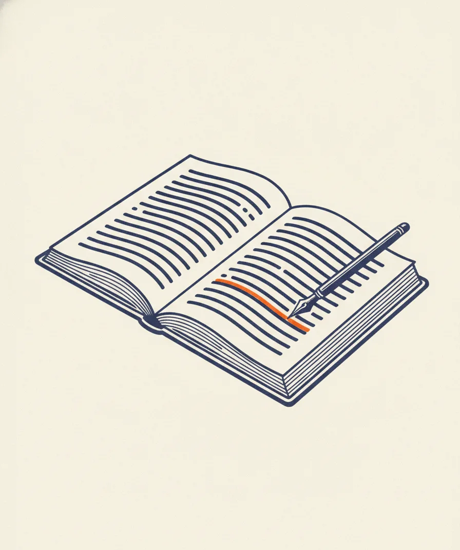 An open book with a single line highlighted in orange, ink engraving
